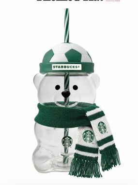 Starbucks Bearista Soccer Tumbler with Green and White Scarf and Striped Straw